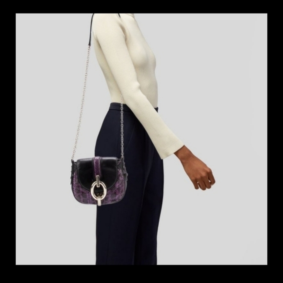 Diane von Furstenberg Black Leather Purple Snakeskin Crossbody Bag Silver Buckle - Picture 2 of 5